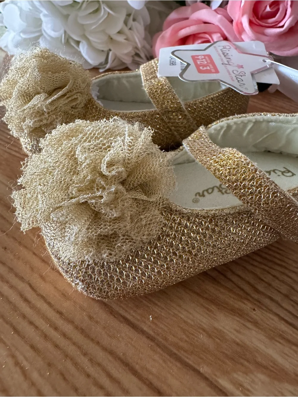Rising Star Gold Glitter Mary Jane Shoes with Tulle Flower
